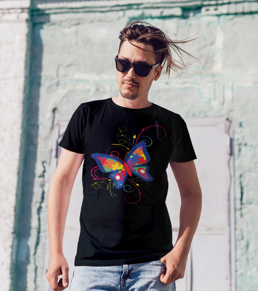 Autism Awareness Puzzle Butterfly Colorful Swirl T-Shirt