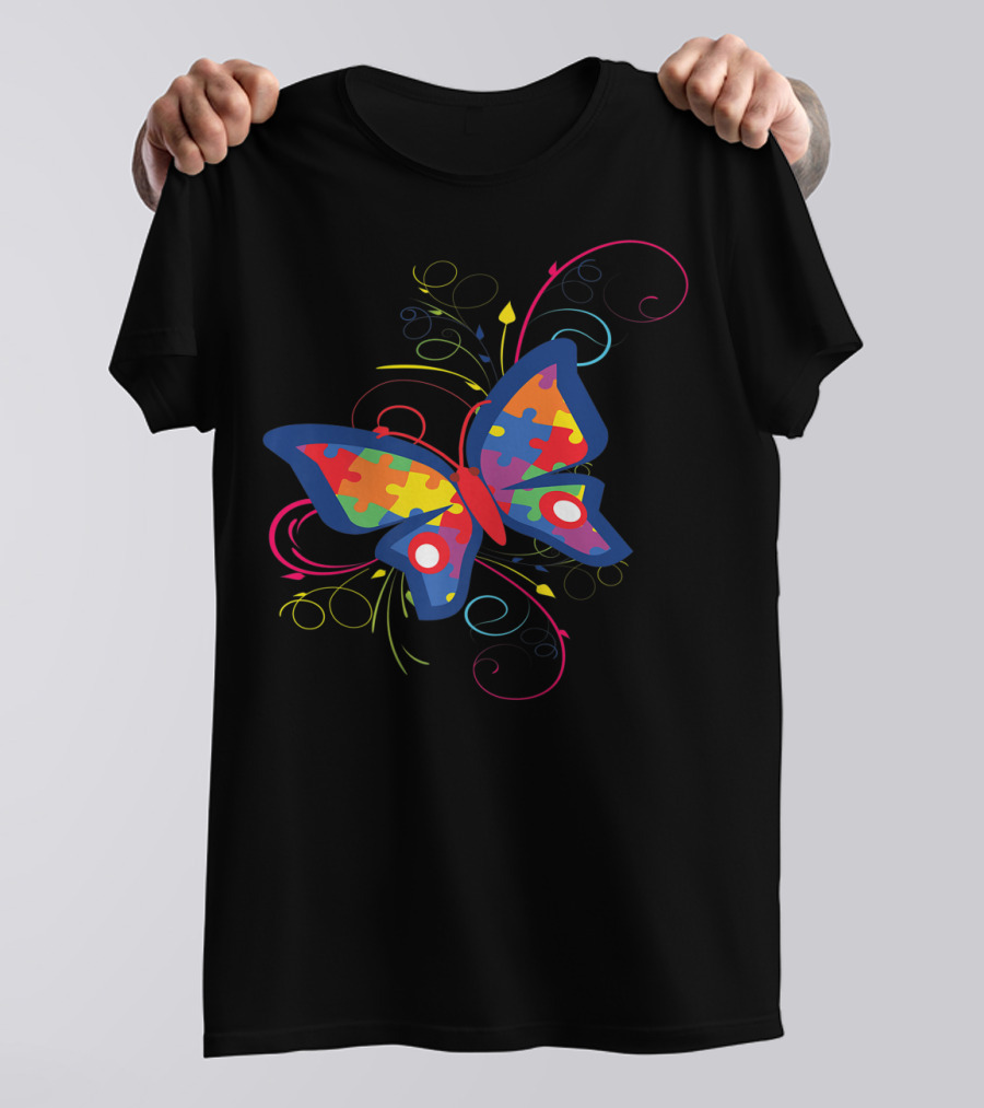 Autism Awareness Puzzle Butterfly Colorful Swirl T-Shirt