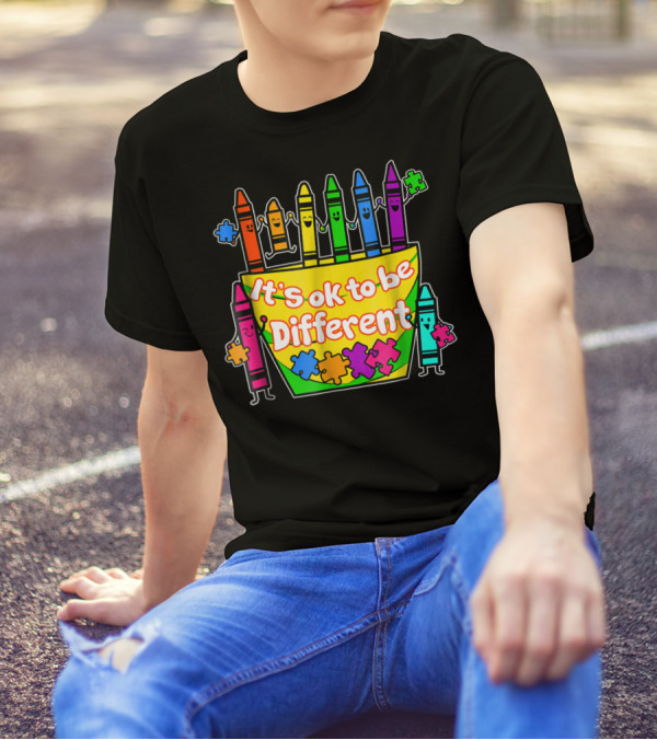 Autism Awareness Crayons It's Ok To Be Different Puzzle Pieces T-Shirt