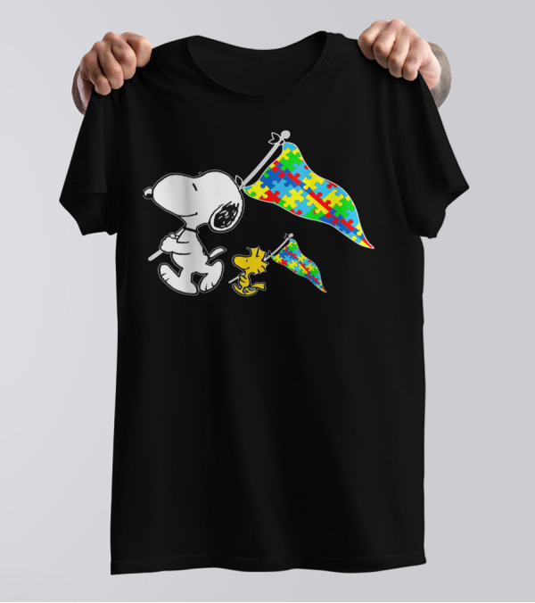 Snoopy And Woodstock Autism Awareness Puzzle Flags T-Shirt