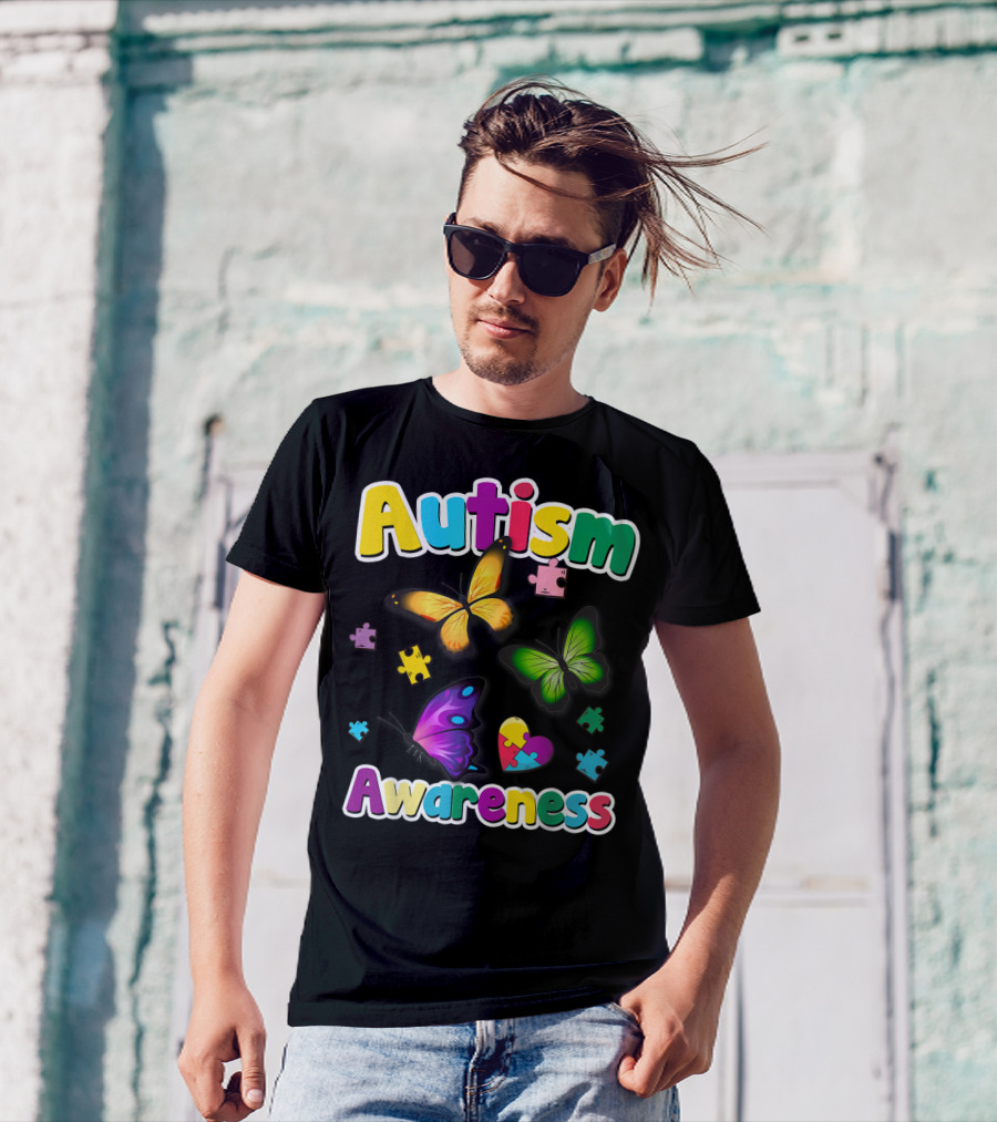 Autism Awareness Butterfly Puzzle Pieces Heart Colorful T-Shirt