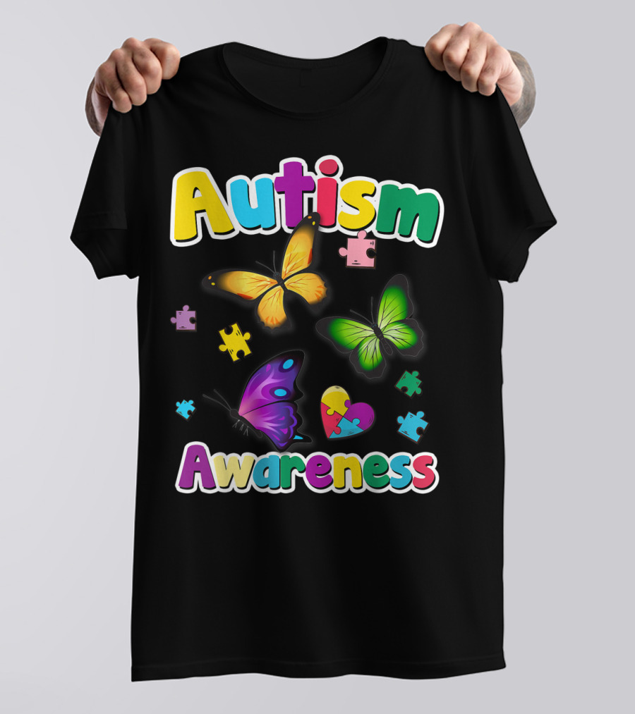 Autism Awareness Butterfly Puzzle Pieces Heart Colorful T-Shirt