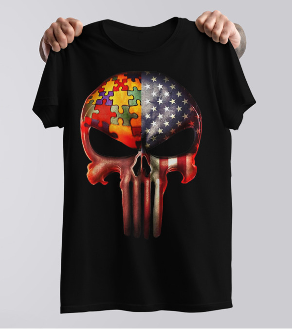 Autism Awareness Puzzle American Flag Skull For Parents T-Shirt