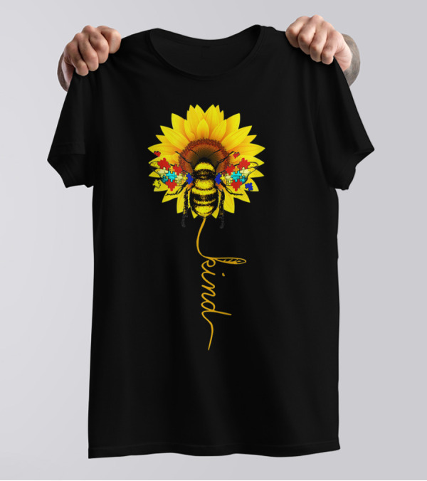 Autism Awareness Be Kind Sunflower With Puzzle Pieces And Bee T-Shirt