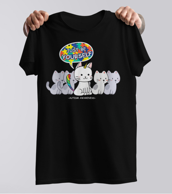 Just Be Yourself Autism Awareness Cat Unicorn Puzzle Speech Bubble T-Shirt