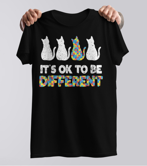 It's Ok To Be Different Autism Awareness Cat Puzzle T-Shirt