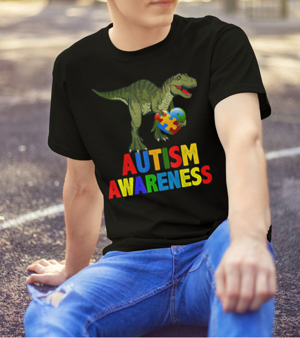 Autism Awareness Dinosaur With Puzzle Heart T-Shirt