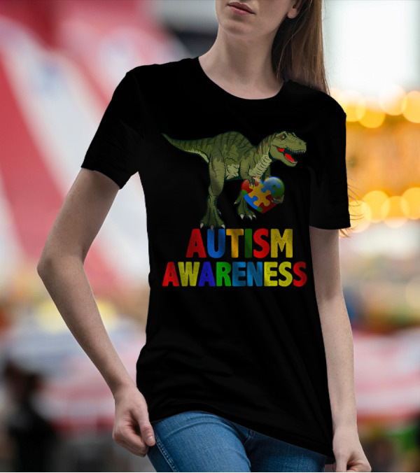 Autism Awareness Dinosaur With Puzzle Heart T-Shirt