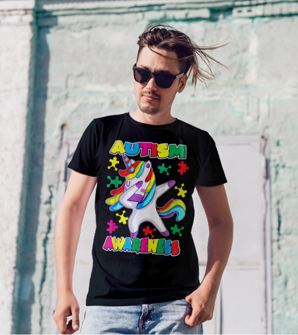 Autism Awareness Unicorn Dabbing With Colorful Puzzle Pieces T-Shirt