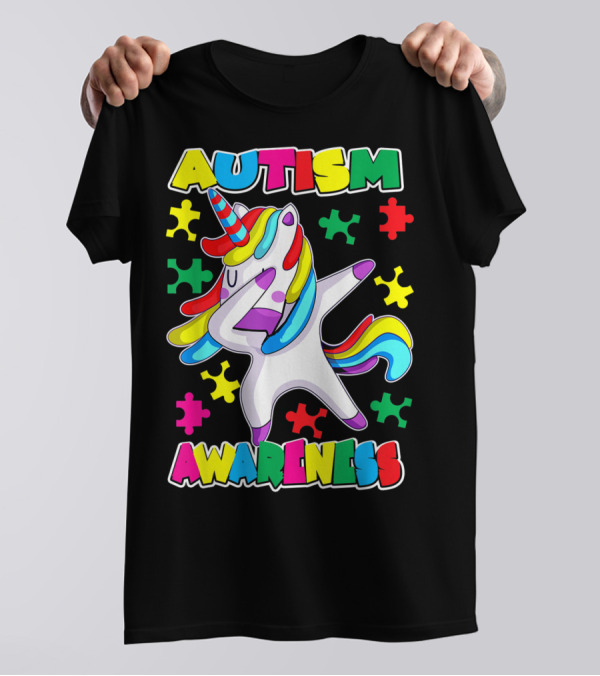 Autism Awareness Unicorn Dabbing With Colorful Puzzle Pieces T-Shirt