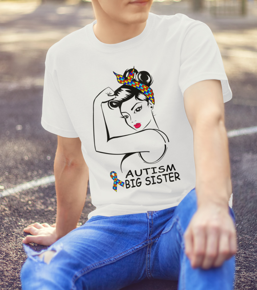 Autism Big Sister Awareness Strong Girl Rosie Style Puzzle T-Shirt