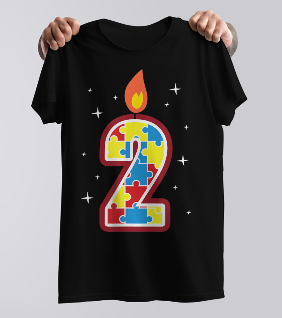 Autism Birthday Toddlers Boy Girl Puzzle Piece Number Two Candle T-Shirt