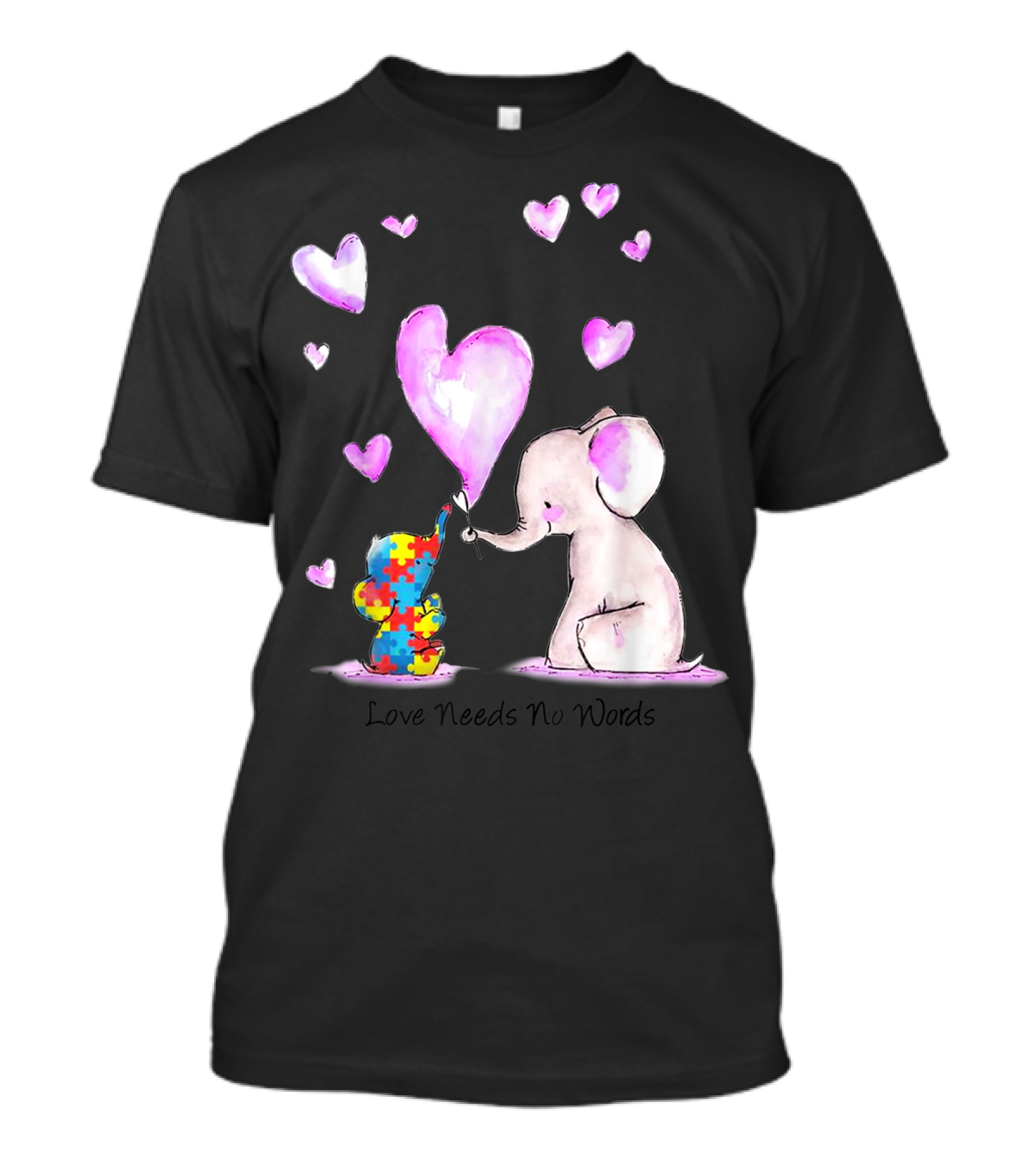 Love Needs No Words Autism Puzzle Elephant And Heart Balloons T-Shirt