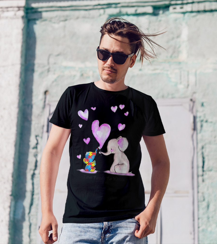 Love Needs No Words Autism Puzzle Elephant And Heart Balloons T-Shirt