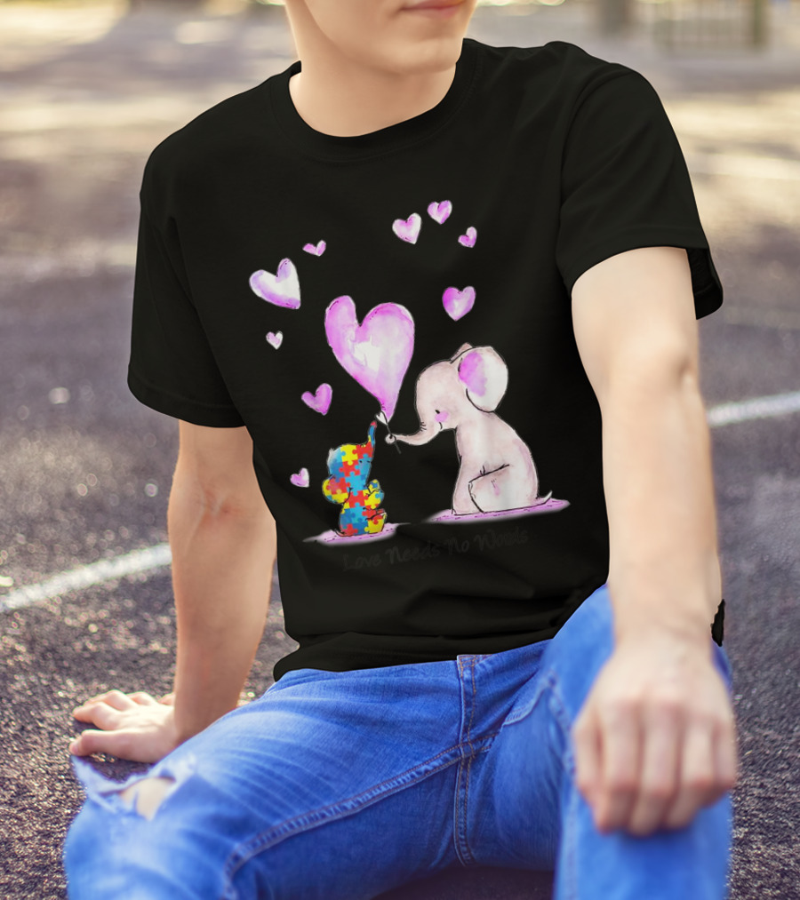 Love Needs No Words Autism Puzzle Elephant And Heart Balloons T-Shirt