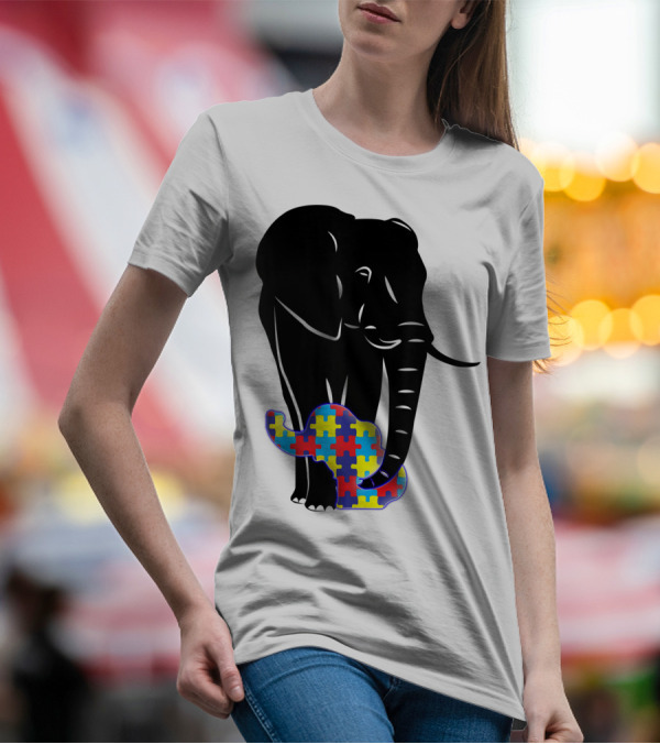 Autism Awareness Elephant With Colorful Puzzle T-Shirt