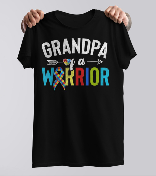Grandpa Of A Warrior Autism Awareness With Puzzle Heart T-Shirt