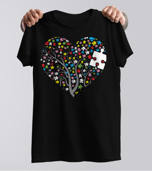 Puzzle Heart Tree Autism Awareness Multicolored Puzzle Pieces T-Shirt