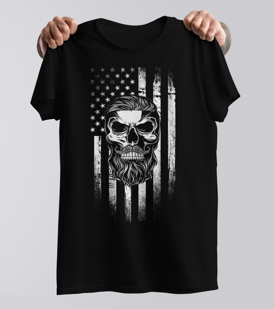 Beard American Flag Patriot Skull Bearded Funny American Flag T-Shirt