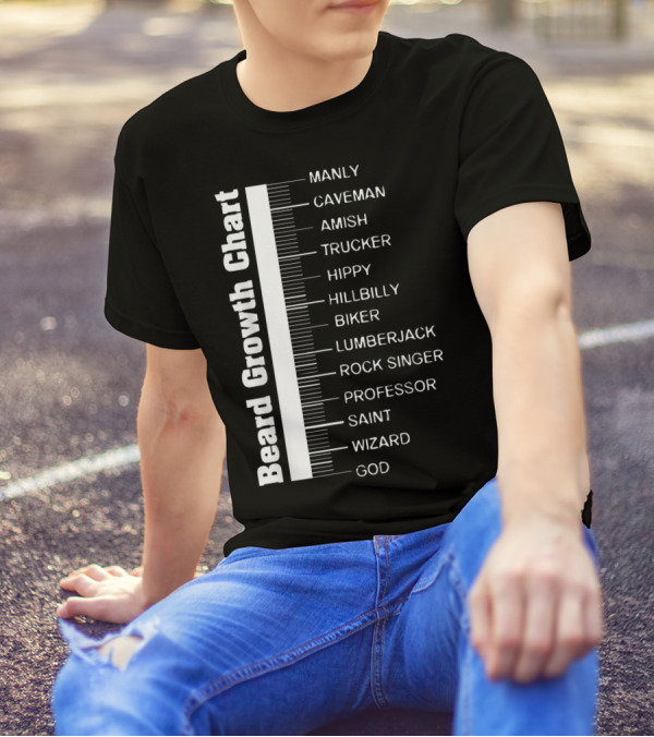 Beard Growth Chart Length Ruler Manly Caveman Amish Trucker Hippy Hillbilly Biker Lumberjack Rock Singer Professor Saint Wizard God T-Shirt