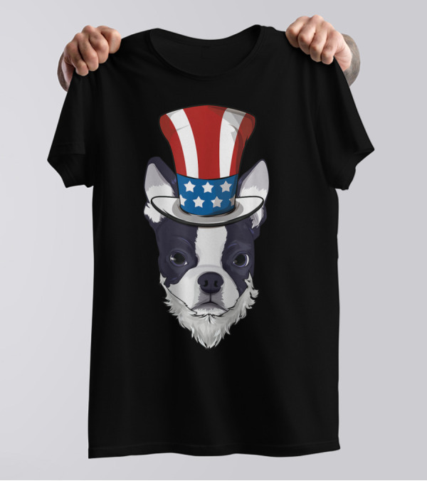 Boston Terrier Uncle Sam Hat Lincoln Beard 4th Of July T-Shirt