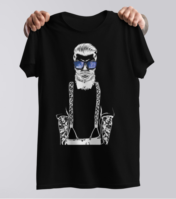 Cool Beard Man Glasses Hipster Tattoo Fashion Style With Suspenders T-Shirt