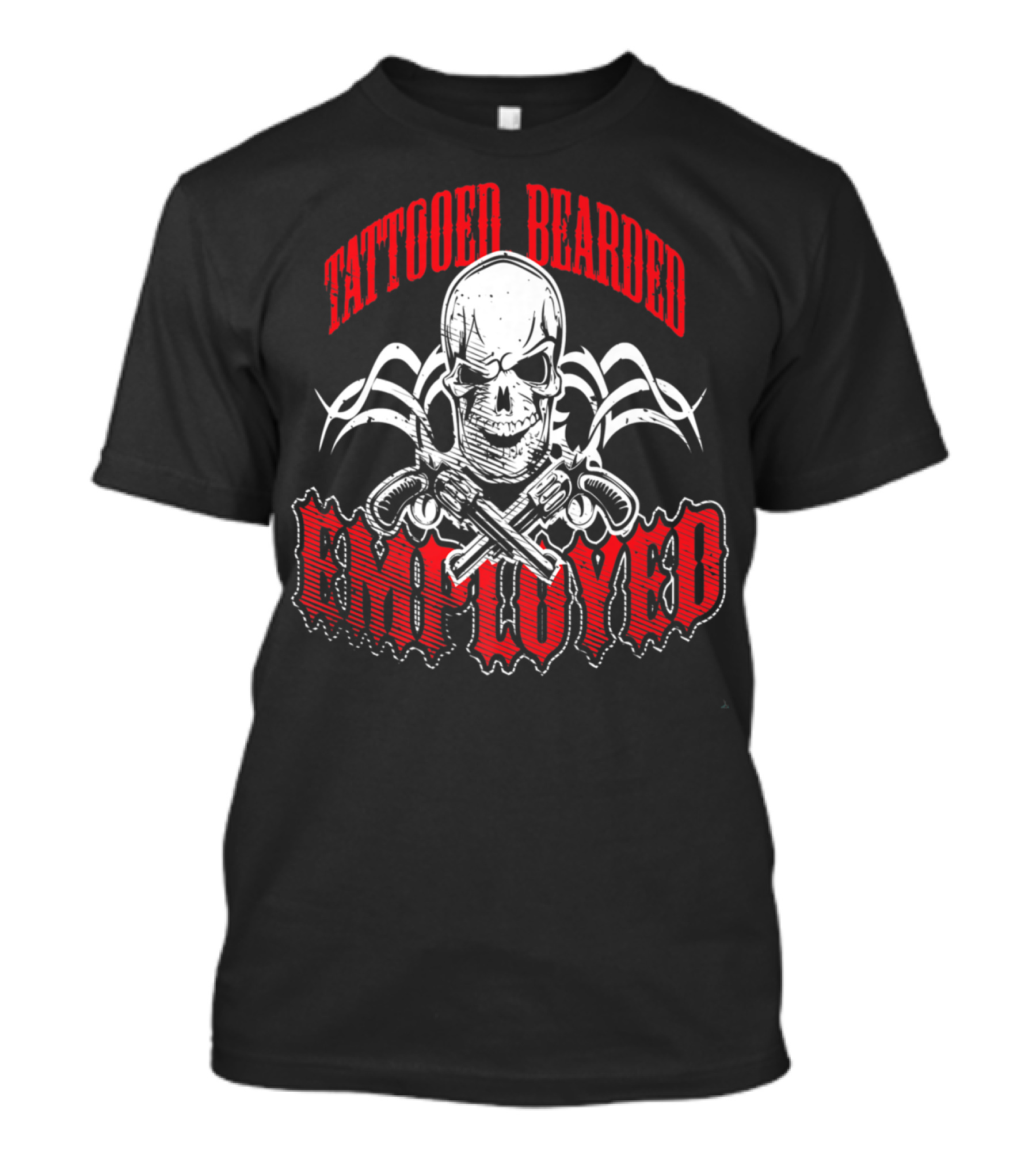 Tattooed Bearded Employed Skull With Crossed Guns T-Shirt