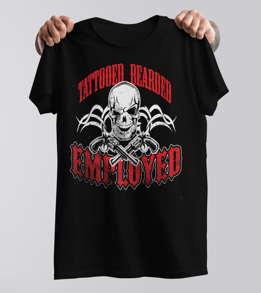 Tattooed Bearded Employed Skull With Crossed Guns T-Shirt