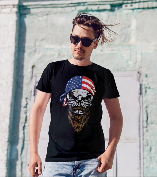 USA Flag Bandana American Beard Skull T-Shirt