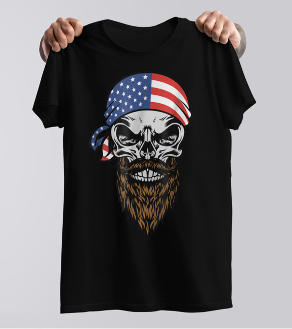 USA Flag Bandana American Beard Skull T-Shirt