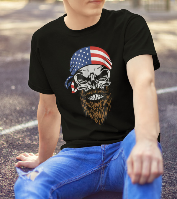 USA Flag Bandana American Beard Skull T-Shirt