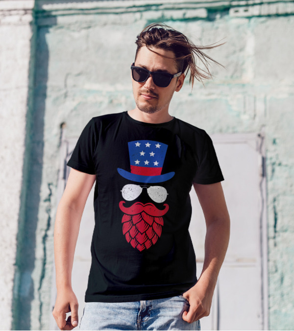 American Flag Hat Glasses Beard Stars Stripes 4th Of July T-Shirt
