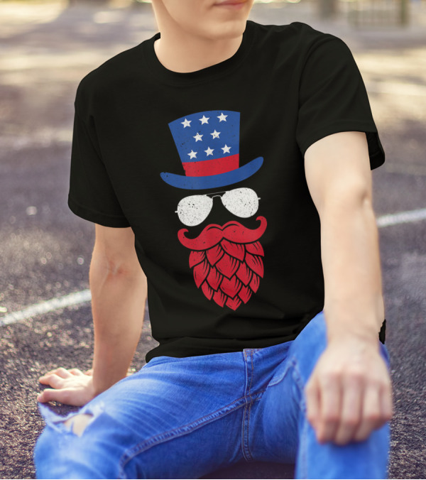 American Flag Hat Glasses Beard Stars Stripes 4th Of July T-Shirt