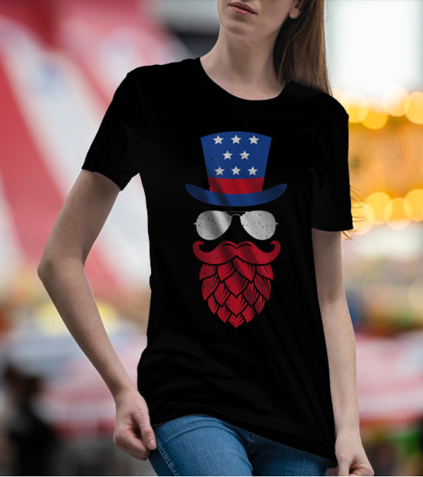 American Flag Hat Glasses Beard Stars Stripes 4th Of July T-Shirt
