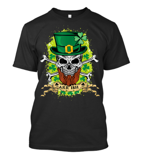 ARRish Skull With Leprechaun Hat And Shamrock Beard Pirate Crossbones T-Shirt