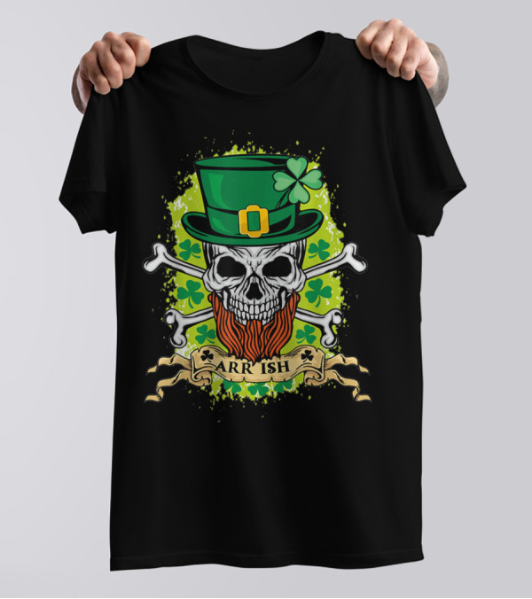 ARRish Skull With Leprechaun Hat And Shamrock Beard Pirate Crossbones T-Shirt