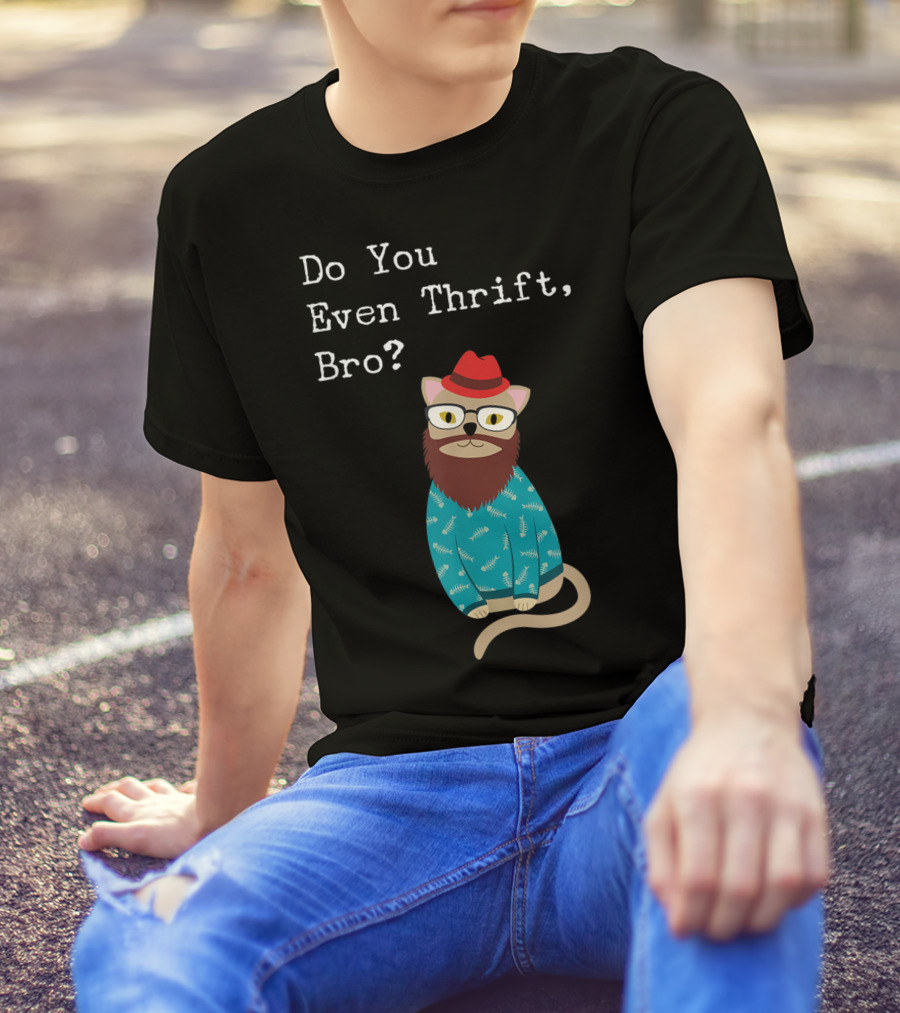 Do You Even Thrift Bro Funny Hipster Cat Beard Glasses Red Hat Teal T-Shirt