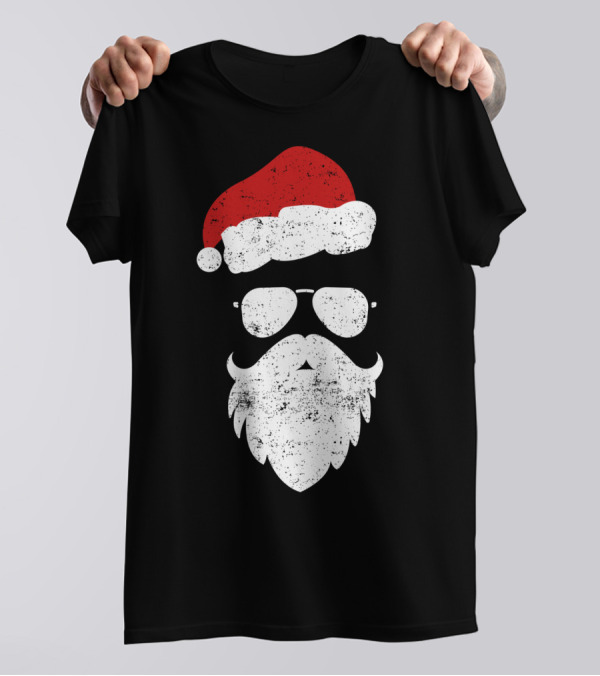 Santa Claus Hipster Style Aviator Sunglasses And Beard Christmas Hat T-Shirt
