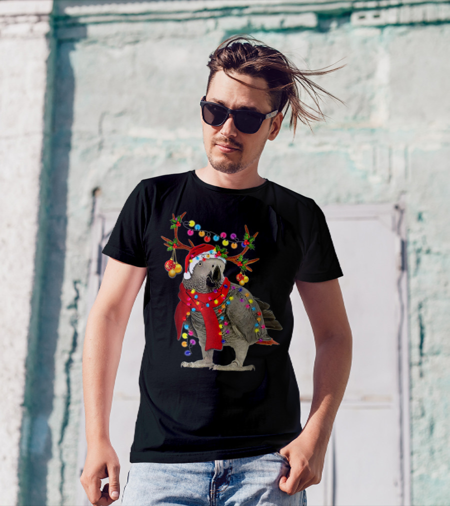 Funny African Grey Parrot Christmas Reindeer With Festive Lights And Santa Hat T-Shirt