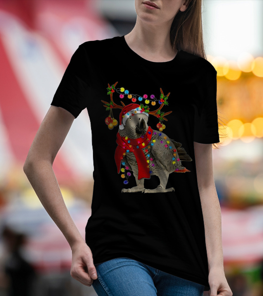 Funny African Grey Parrot Christmas Reindeer With Festive Lights And Santa Hat T-Shirt