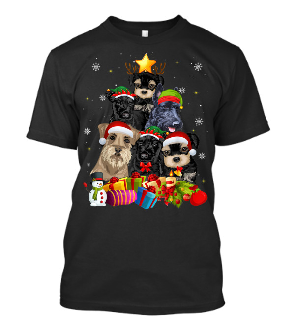 Funny Schnauzer Christmas Tree With Santa Hats And Holiday Gifts T-Shirt