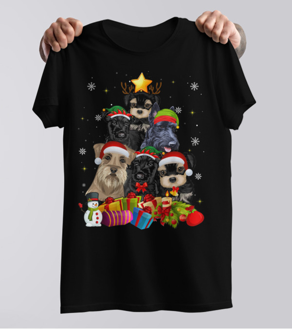 Funny Schnauzer Christmas Tree With Santa Hats And Holiday Gifts T-Shirt