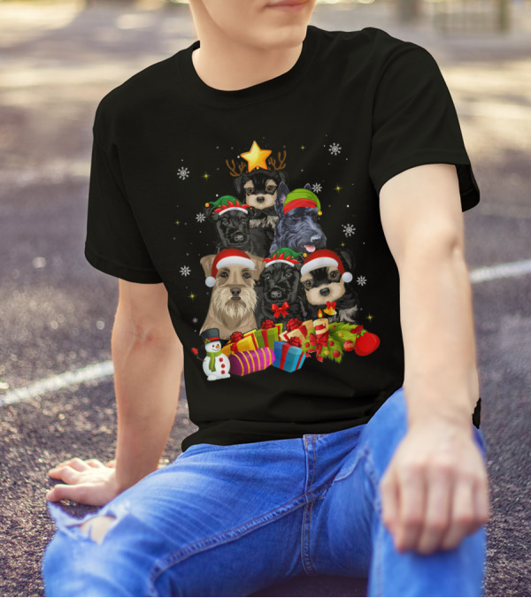 Funny Schnauzer Christmas Tree With Santa Hats And Holiday Gifts T-Shirt