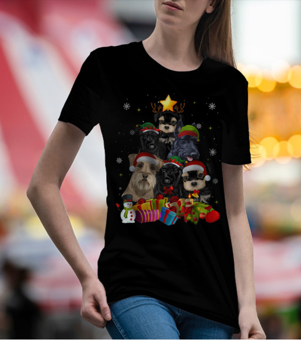 Funny Schnauzer Christmas Tree With Santa Hats And Holiday Gifts T-Shirt