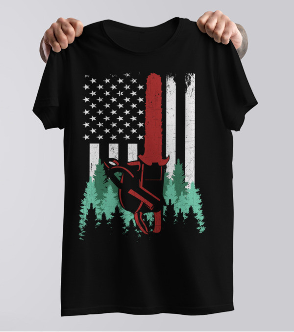 Thin Red Line Chainsaw Logger American Flag Forest Arborist Lumberjack T-Shirt