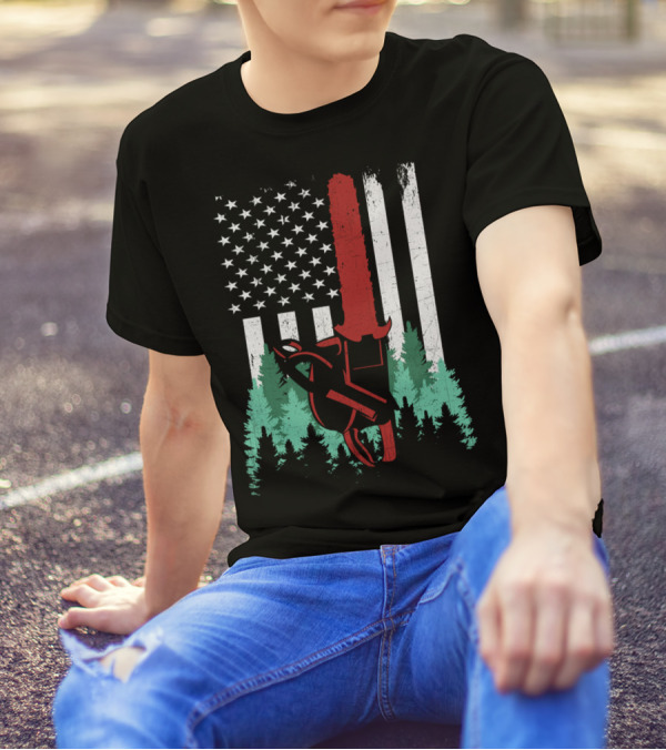 Thin Red Line Chainsaw Logger American Flag Forest Arborist Lumberjack T-Shirt
