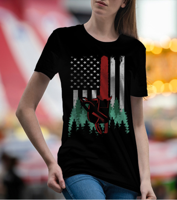 Thin Red Line Chainsaw Logger American Flag Forest Arborist Lumberjack T-Shirt