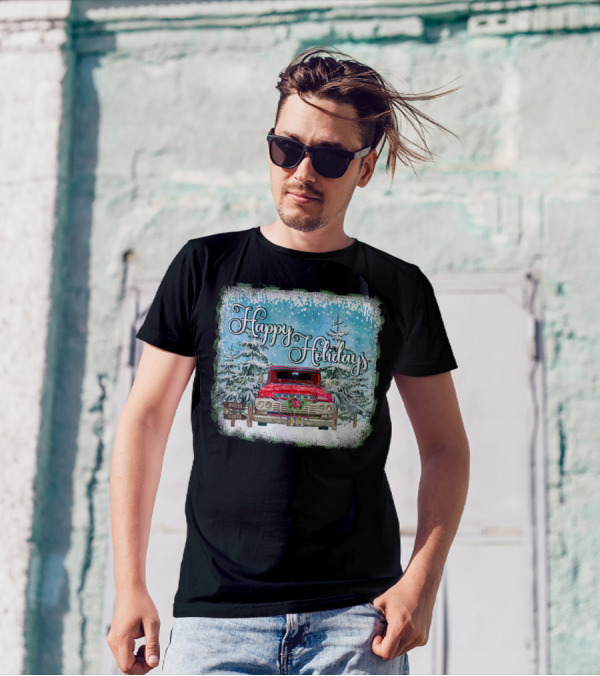 Happy Holidays Vintage Christmas Pickup Truck In Snowy Winter Forest T-Shirt
