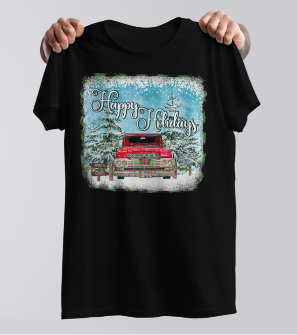 Happy Holidays Vintage Christmas Pickup Truck In Snowy Winter Forest T-Shirt