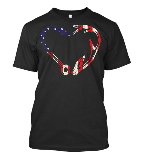 Heart Fishing American Flag Hooks Elk Deer Hunter Antler T-Shirt